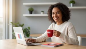 Pessoa brasileira estudando em casa no notebook com a tela da Escola Virtual da Fundação Bradesco desfocada