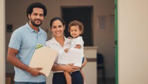 Família brasileira segurando documentos em frente a um prédio de habitação pronta para fazer o cadastro do Minha Casa Minha Vida