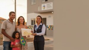 Família brasileira recebendo documentos e chave de agente social em frente à casa nova para inscrição no programa Minha Casa Minha Vida