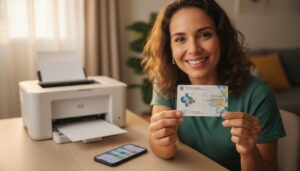 Pessoa brasileira segurando Cartão SUS impresso ao lado de impressora e celular com site de saúde borrado