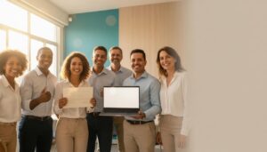 Grupo de brasileiros sorrindo e segurando um certificado oficial de curso gratuito do governo