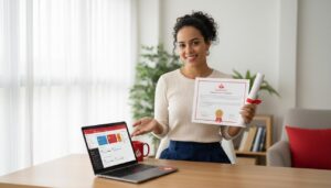 Pessoa brasileira segurando certificado e mostrando laptop com a plataforma do Santander ao fundo