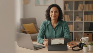 Pessoa brasileira de meia idade sorrindo em casa com tablet mostrando certificado digital borrado e laptop ao lado em ambiente de estudo