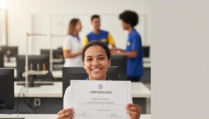 Pessoa brasileira sorrindo em sala de aula segurando um certificado do Senac PSG com outros alunos e equipamentos de treinamento ao fundo