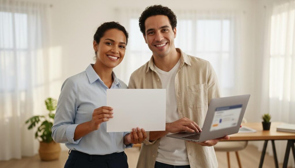 Duas pessoas brasileiras sorrindo em ambiente de trabalho, uma segura um certificado em branco e a outra mostra um notebook com a lista de cursos desfocada