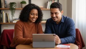 Duas pessoas brasileiras sorrindo enquanto consultam um laptop com material da Fundação Bradesco sobre cursos gratuitos, mostrando oportunidade de aprender e aumentar a renda