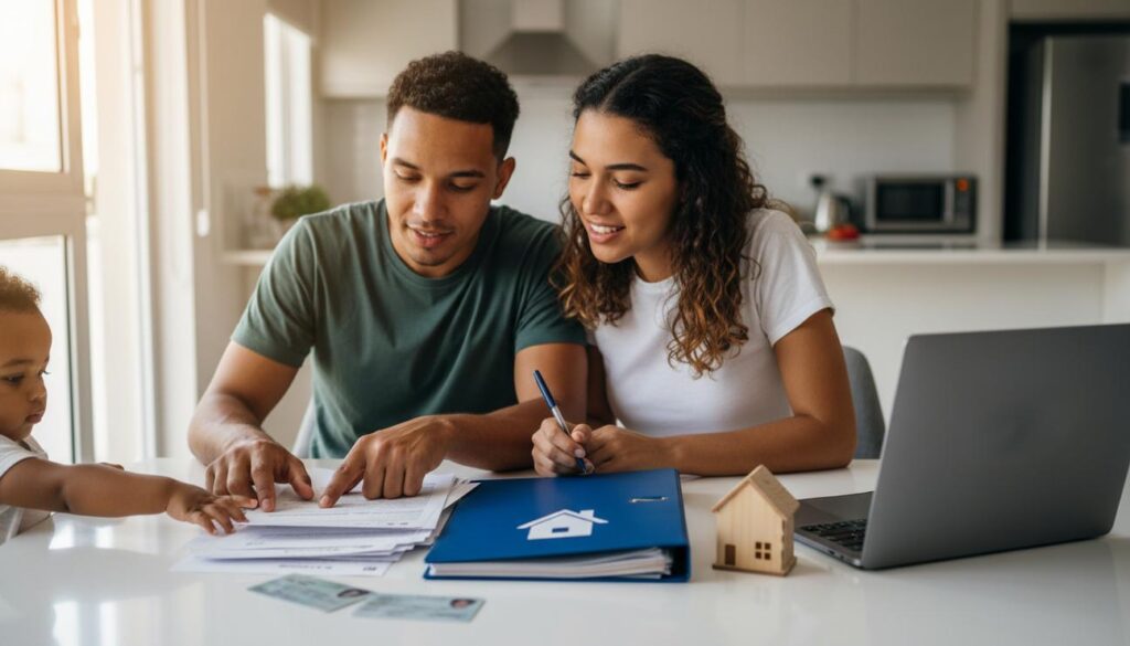 Casal brasileiro revisando documentos e um modelo de casa sobre a mesa enquanto se preparam para o cadastro do Minha Casa Minha Vida