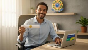 Pessoa brasileira sorrindo em frente a um notebook com a página da Escola Virtual Gov Br desfocada e segurando um certificado com selo dourado
