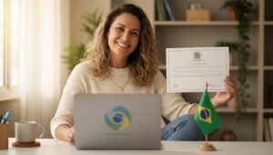 Pessoa brasileira sorrindo segura certificado oficial enquanto estuda no laptop com a plataforma da Escola Virtual Gov Br ao fundo