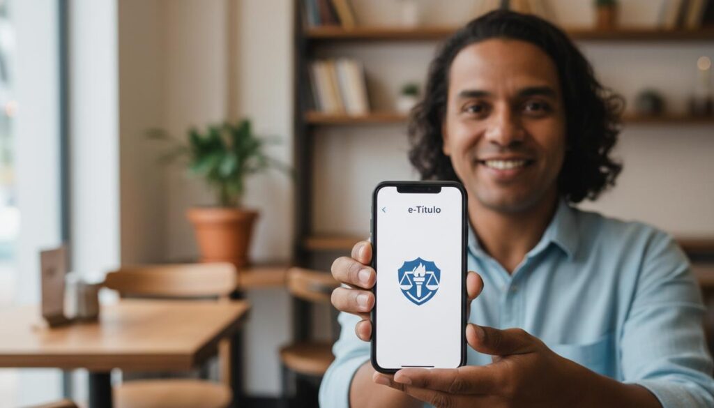 Pessoa brasileira segurando celular com o app e-Título aberto e o emblema da Justiça Eleitoral, mostrando como emitir documentos eleitorais pelo celular