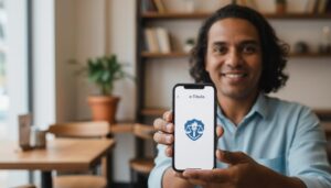 Pessoa brasileira segurando celular com o app e-Título aberto e o emblema da Justiça Eleitoral, mostrando como emitir documentos eleitorais pelo celular
