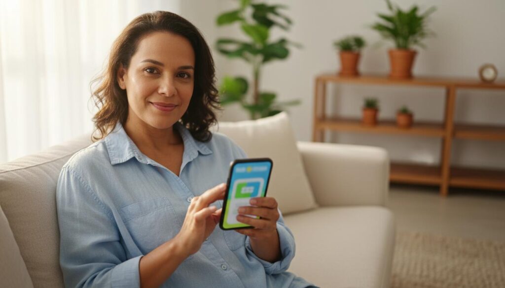 Pessoa brasileira usando o aplicativo e-Título no celular em casa para regularizar e imprimir o título eleitoral
