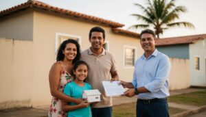 Família brasileira sorrindo ao receber documentos e segurar um modelo de casa em frente a uma casa simples, representando o cadastro Minha Casa Minha Vida