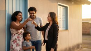 Família brasileira feliz recebendo as chaves da casa própria pelo programa Minha Casa Minha Vida