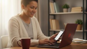 Pessoa brasileira estudando online com laptop e celular mostrando o curso Santander, ambiente de estudo em casa, expressão confiante e acessível