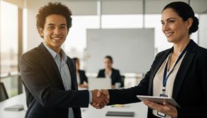 Jovem brasileiro sorrindo e apertando a mão de um recrutador em escritório, simbolizando contratação no programa Jovem Aprendiz CIEE