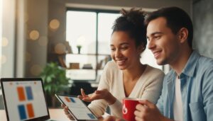 Pessoa brasileira sorrindo com laptop mostrando curso do Santander Open Academy desfocado e certificado ao lado