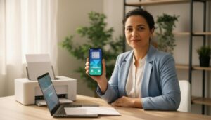 Pessoa brasileira em casa segurando um celular com o título de eleitor digital na tela e uma impressora ao lado