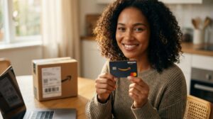 Pessoa brasileira sorrindo segurando um cartão Amazon Mastercard à frente de um laptop e caixa da Amazon