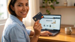 Pessoa brasileira sorrindo segurando um cartão de crédito Amazon ao lado de um laptop com o site da Amazon ao fundo