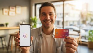 Pessoa brasileira sorrindo segurando celular com app bancário e cartão BMG mostrando cashback direto na conta