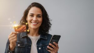 Pessoa brasileira sorrindo segurando um cartão com as cores do BMG e um celular com o app borrado, mostrando aprovação fácil e cashback sem anuidade