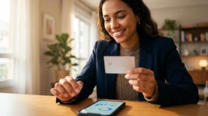 Pessoa brasileira segurando um cartão de crédito Mais e conferindo gastos no celular