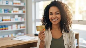 Pessoa brasileira segura um cartão Mais Mastercard com o símbolo da Mastercard visível, com fundo desfocado de farmácia e papéis para sugerir economia e controle de despesas