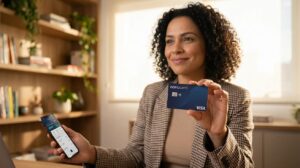 Pessoa brasileira sorrindo segura um cartão Novucard Visa enquanto usa o celular para controlar gastos