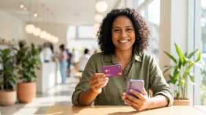 Pessoa brasileira segurando cartão Nubank e celular com o app desfocado, simbolizando controle financeiro digital sem anuidade