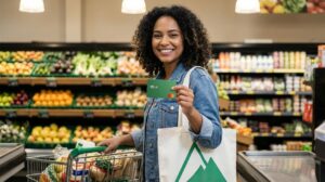 Pessoa brasileira sorrindo no supermercado segurando cartão Pão de Açúcar e sacola de compras