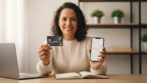 Pessoa brasileira sorrindo segura cartão Porto Seguro junto ao smartphone mostrando benefícios do cartão