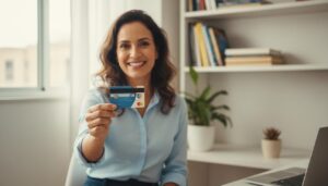 Pessoa brasileira sorrindo segurando um cartão Porto Seguro com emblema de escudo e fundo desfocado, transmitindo segurança e benefícios