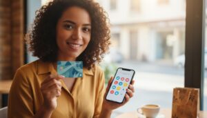 Pessoa brasileira sorrindo segurando um cartão Porto Seguro e um celular com ícones de desconto para mostrar economia no dia a dia