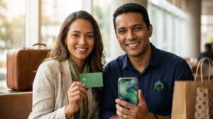 Casal brasileiro segurando um cartão verde que representa o cartão Sicredi sem texto nem logotipo, transmitindo confiança e praticidade