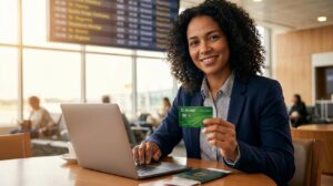 Pessoa brasileira sorrindo segura cartão Sicredi Internacional sobre mesa com laptop e passaporte mostrando uso no Brasil e no exterior