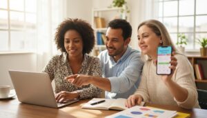 Pessoas brasileiras sorrindo enquanto se inscrevem em um curso gratuito online usando laptop e celular