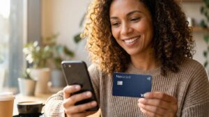 Pessoa brasileira sorrindo segura celular e cartão Novucard Visa mostrando solicitação online