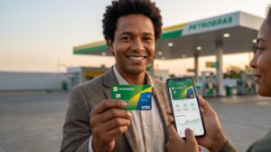 Pessoa segura cartão Petrobras Visa e mostra o aplicativo de controle no celular com expressão confiante