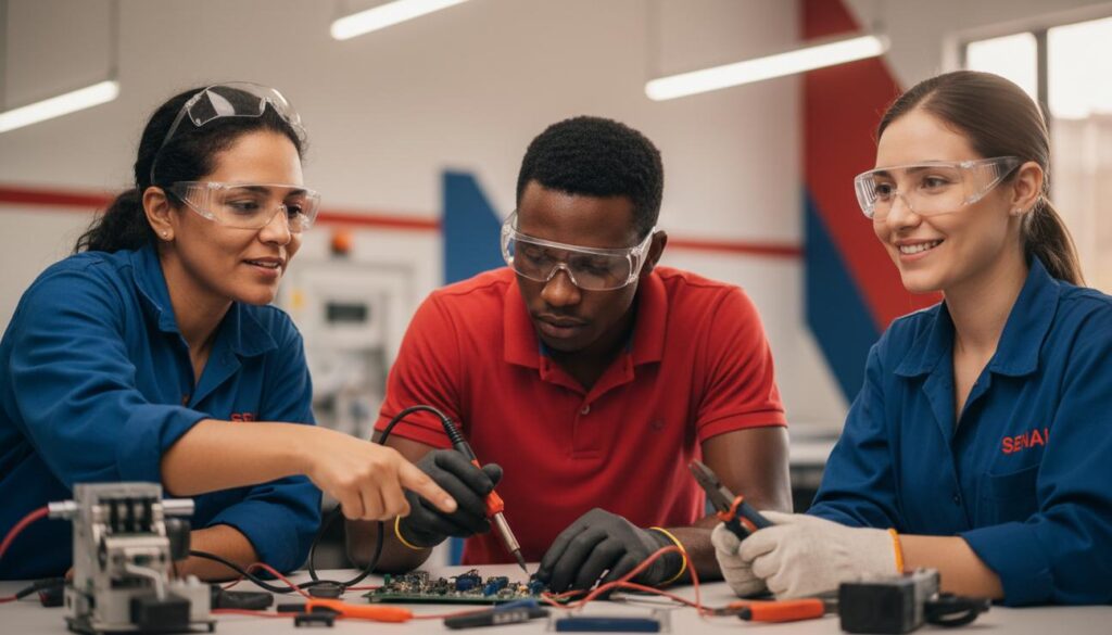 Alunos brasileiros em oficina prática do SENAI recebendo orientação de um instrutor em cursos gratuitos para qualificação profissional