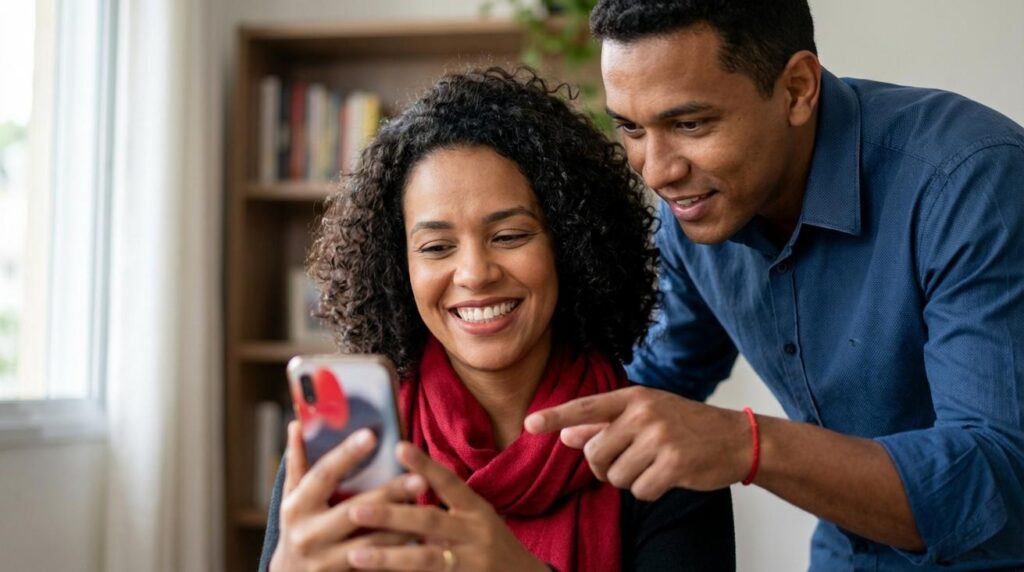 Mulher brasileira segurando um smartphone com a tela do Santander Open Academy borrada e um homem ao lado observando, em um home office com toques em vermelho e branco