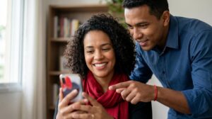 Mulher brasileira segurando um smartphone com a tela do Santander Open Academy borrada e um homem ao lado observando, em um home office com toques em vermelho e branco