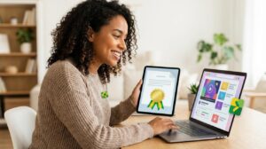 Mulher brasileira sorrindo usando laptop com a tela da plataforma AVAMEC e segurando um tablet que mostra um certificado digital sem texto