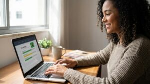Mulher brasileira sorrindo em frente a laptop em casa com a tela mostrando um certificado digital desfocado