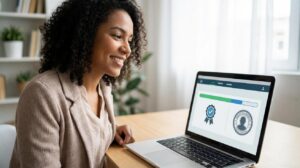 Mulher brasileira sentada em frente a um laptop mostrando a página do AVAMEC com selo oficial e ícone de certificado, sorrindo enquanto acessa um curso online