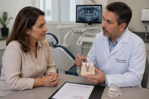 A woman consulting with a dentist about free dental implants in a clinic