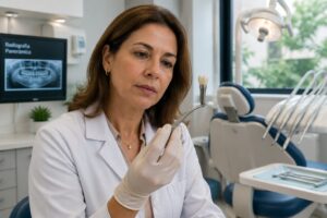 A dentist examining a dental implant in a modern clinic
