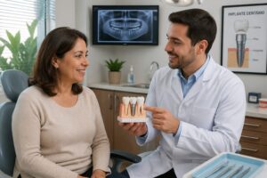 A woman discussing her dental implant procedure with a dentist in a clinic