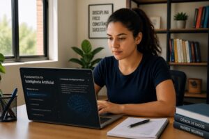 A young Brazilian woman studying an online artificial intelligence course on her laptop in a home office.