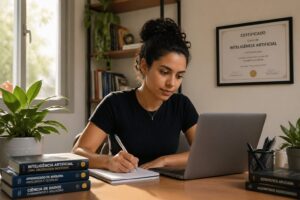 A young Brazilian woman studying at her laptop for a free AI course, with a certificate on the wall behind her.